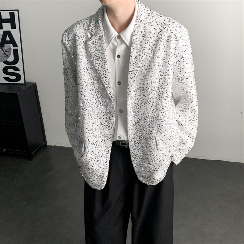 春装闪闪亮珠片亮面晚会年会夜店舞台装男演出服西装夜店歌手外套，男装西服套装，星座909