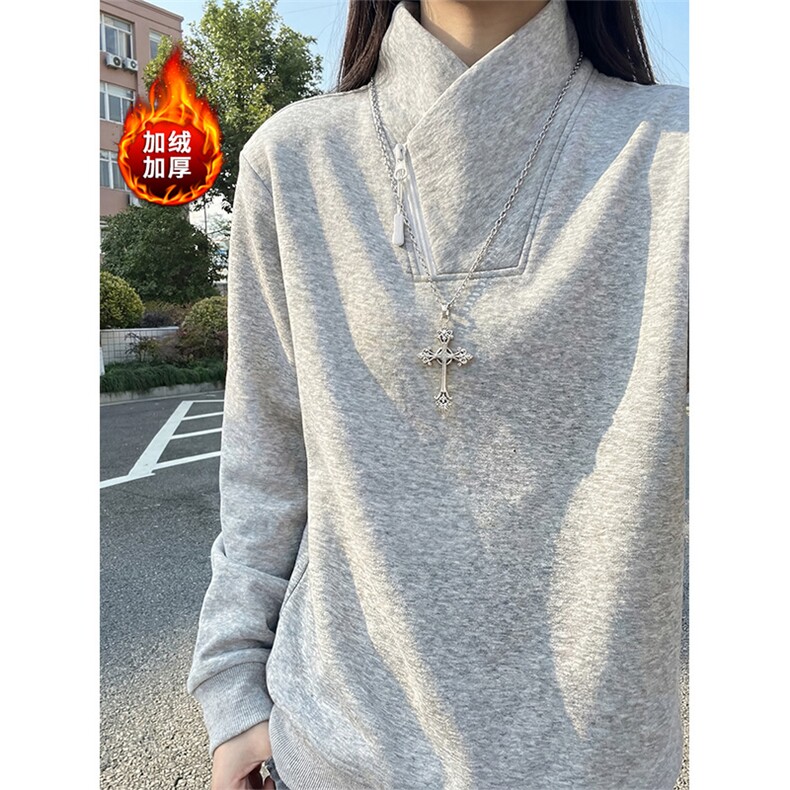 加厚加绒立领斜半拉链卫衣冬季复古打底衫男女D54167-TP35不,男装T恤,电商A102