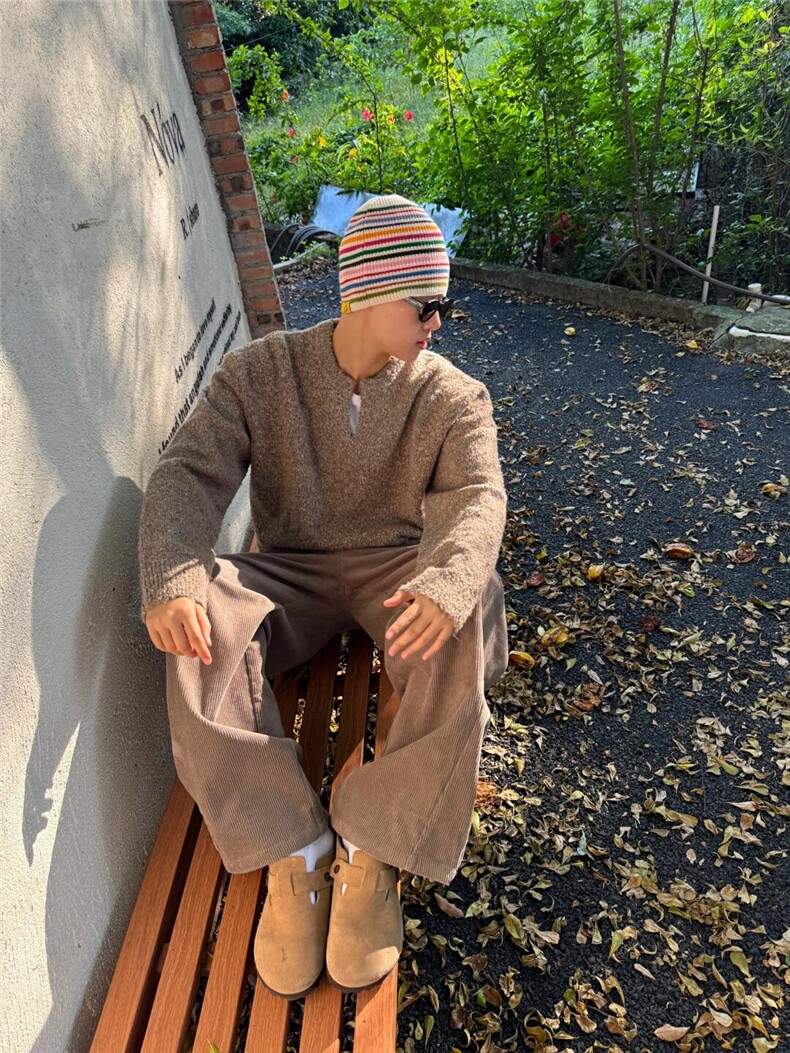 25M22-P65秋冬慵懒风保暖套头毛衣小V领针织衫男女宽松毛线衣,男装针织衫/毛衣,电商B327