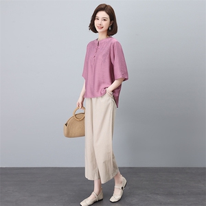 棉麻刺绣衬衫套装女2025夏装新款时尚中年妈妈宽松减龄亚麻两件套图片