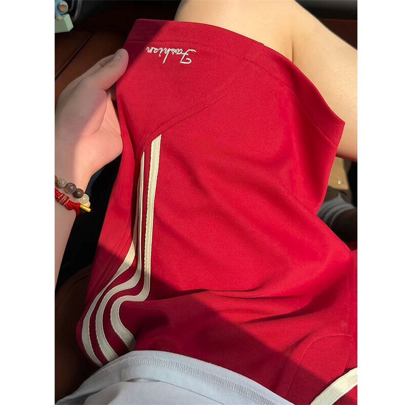 酒红色篮球运动短裤男夏季薄款宽松五分裤美式三条杠裤子休闲中裤,男装牛仔裤,星座506A