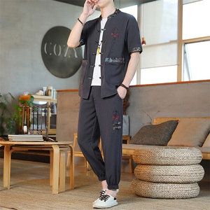 风男装夏季冰丝短袖开衫男复古汉服套装风图片