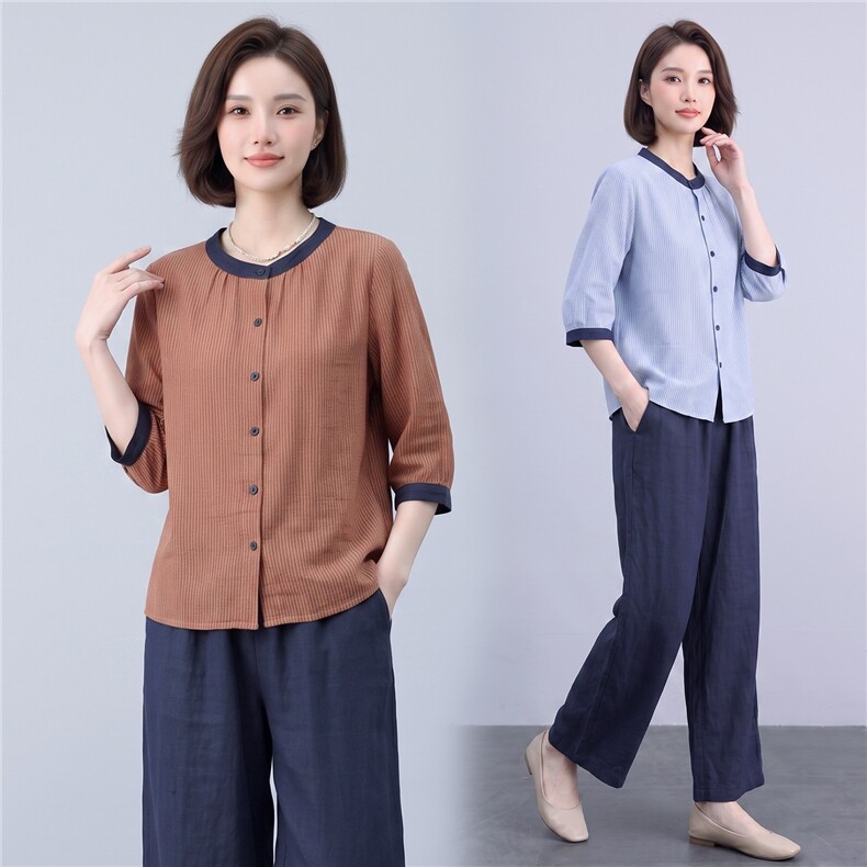 衬衫女撞色条纹宽松透气上衣,女装衬衫,曼沙奕珂