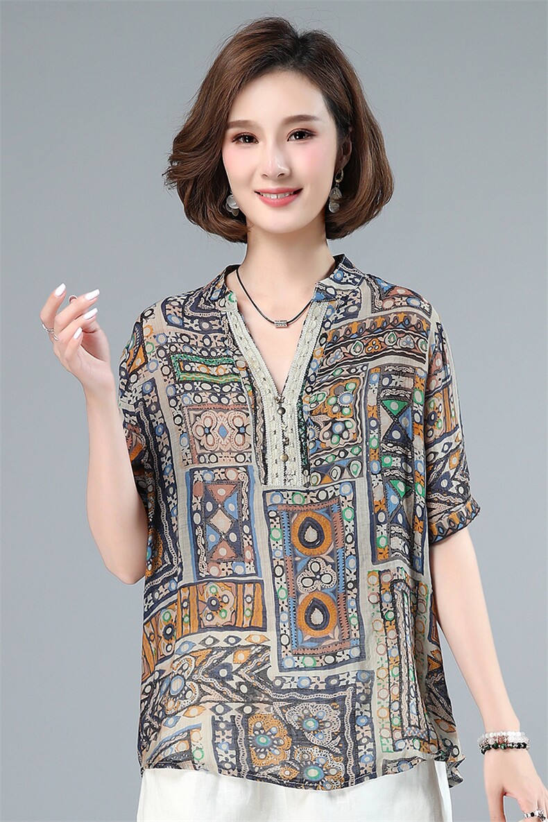 2021年夏季碎花通勤V领套头短袖百搭上衣,女装大码女装,叶笙衣
