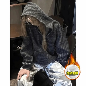 480G重磅加绒硬挺boxy 男女秋冬美式高街条纹毛呢卫衣开衫厚外套图片