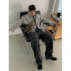 翻领竖条纹衬衫男春款日系高品质轻熟风休闲痞帅长袖衬衣823P50，男装衬衫，星座710