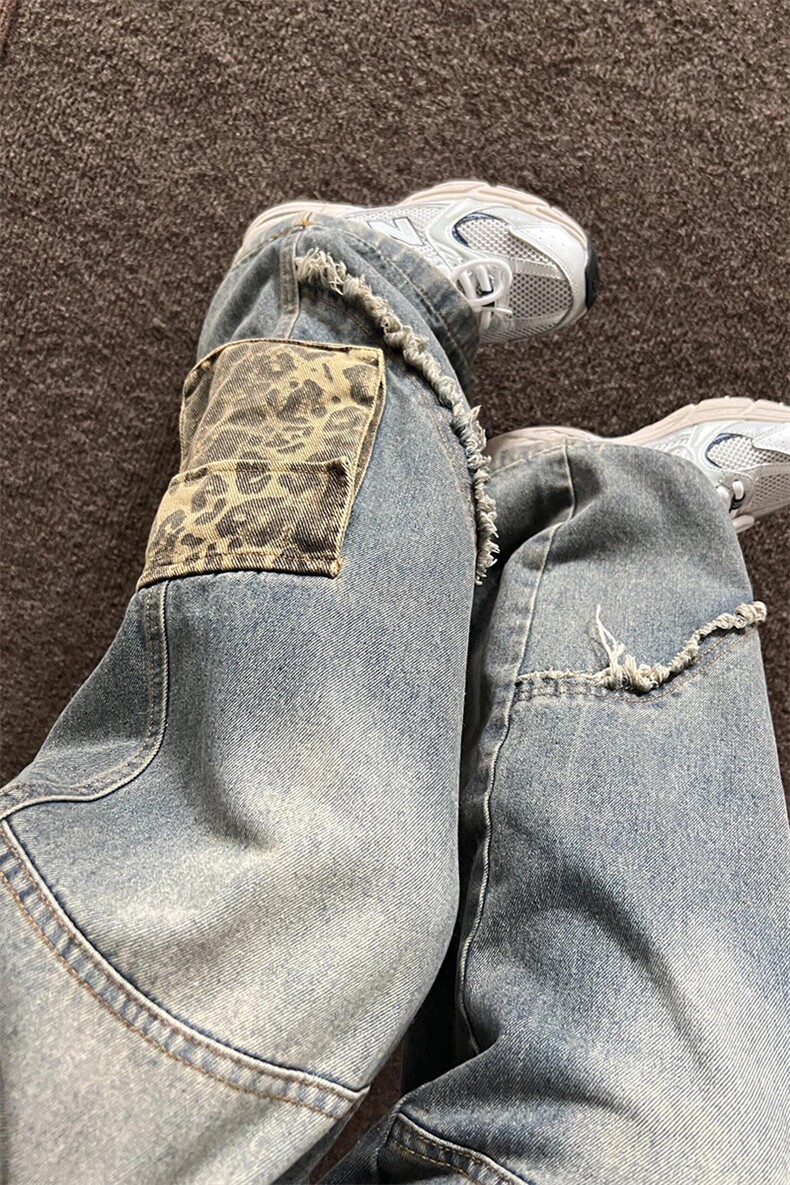 毛边豹纹口袋牛仔裤设计感小众水洗直筒工装裤NZ99特P46,男装牛仔裤,星座908-1