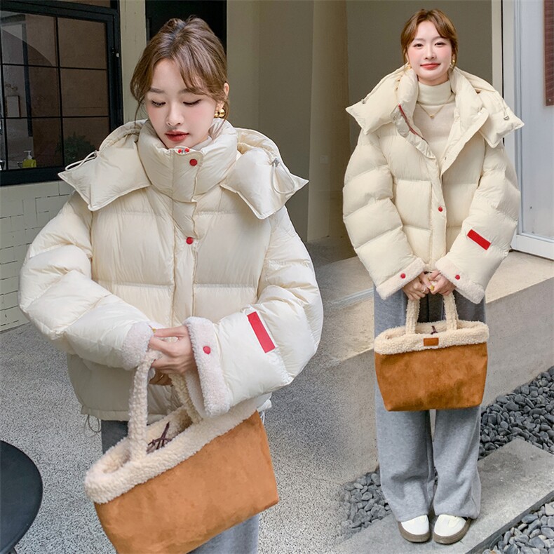 2024冬季新款仿羊羔毛拼接羽绒服短款白鸭绒加厚面包服90白鸭绒，女装羽绒服，韩蜜菓