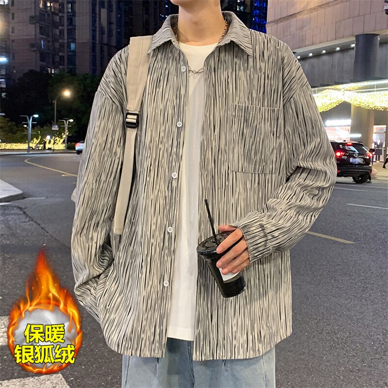 特批P55无差价冬季保暖银狐绒衬衫男百搭ins痞帅外套C2542J加绒，男装衬衫，电商A001