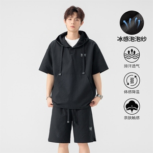 特批P50无差价夏季潮流大口袋连帽泡泡纱大码两件套套装男TZ5570图片