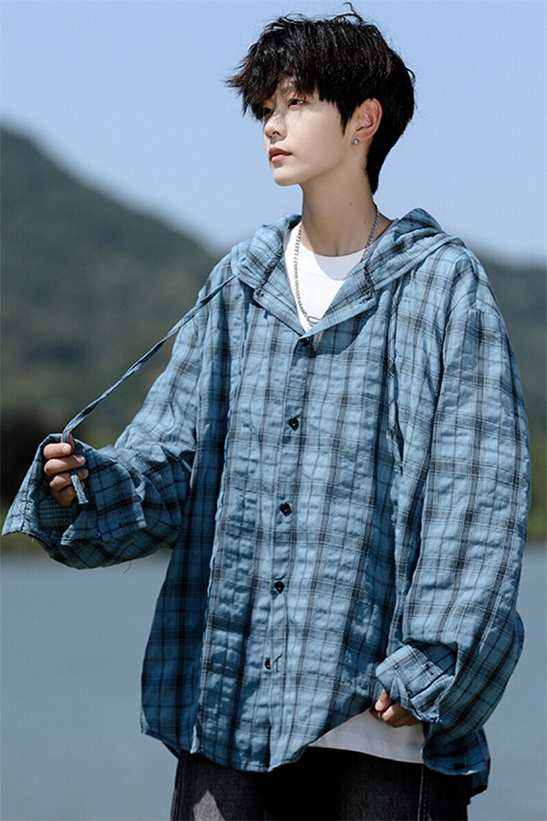 廓形防晒衬衫男夏季长袖冰丝薄款亚麻格子衬衣开衫外套CS29006P48,男装衬衫,电商B312