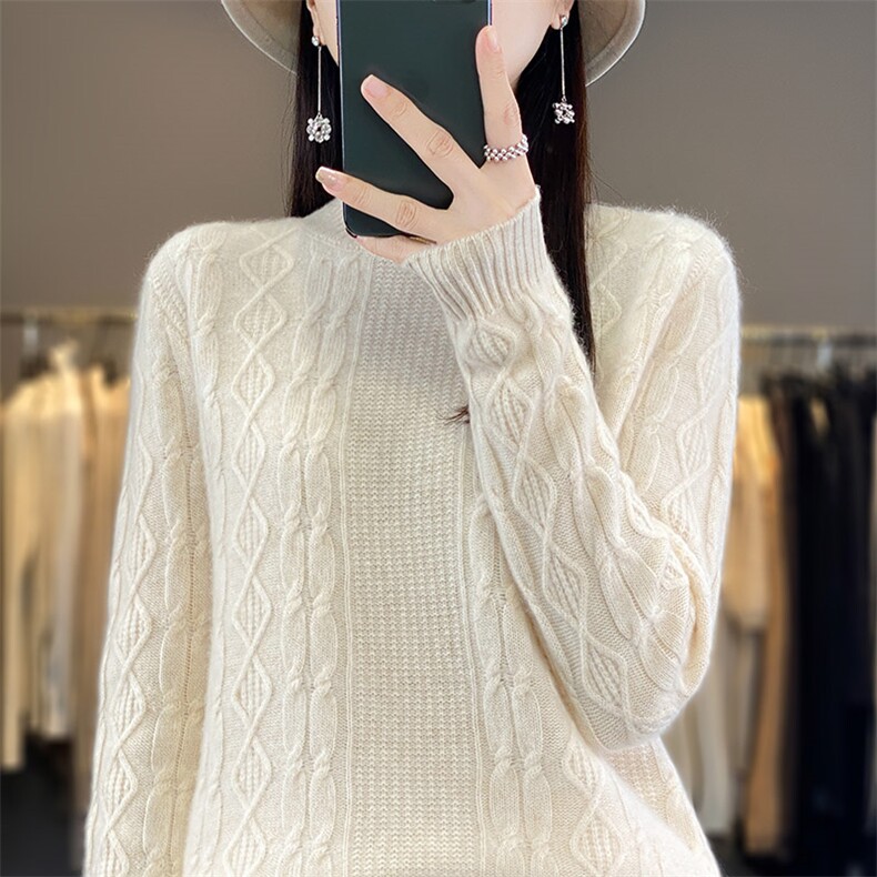 秋冬新款羊毛半高领绞花毛衣女宽松显瘦保暖针织衫,女装羊毛衫,秋虹羊绒