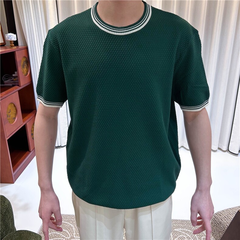 夏季薄款冰丝短袖针织衫圆领拼色T恤男轻熟N6720-P50,男装T恤,星座1012-1
