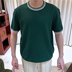 夏季薄款冰丝短袖针织衫圆领拼色T恤男轻熟N6720-P50，男装T恤，星座1012-1