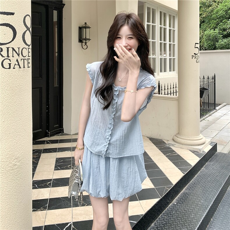 俏皮减龄套装裙女小个子2025夏季新款木耳边马甲花苞半身裙两件套,女装套装/套裙,2C159