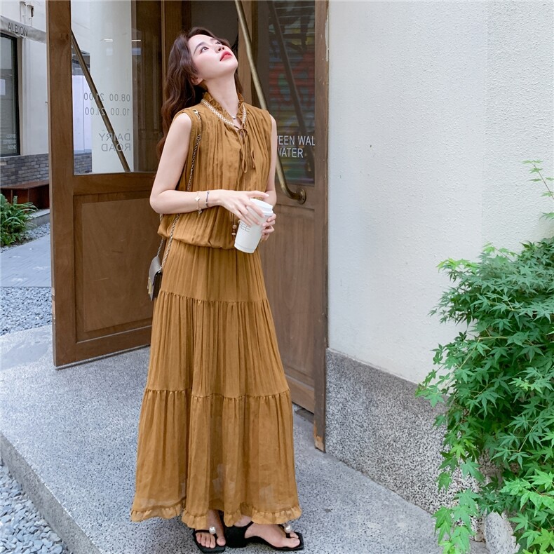 复古日系减龄气质感系带上衣两件套夏季2025氛围感褶皱半身裙套装，女装套装/套裙，浙宝069