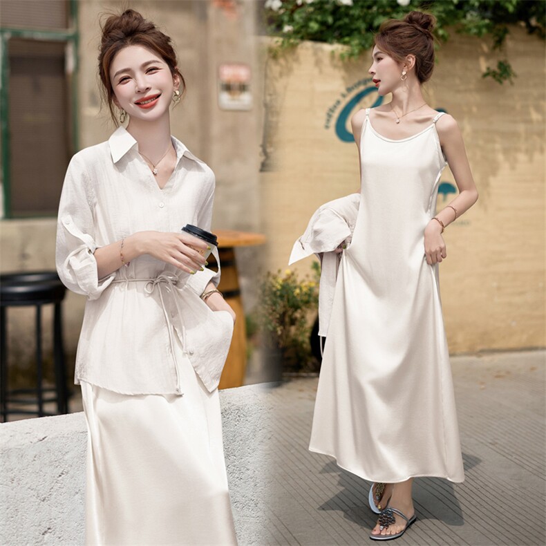 夏日吊带连衣裙套装女2025夏季新款韩系休闲气质薄款防晒衬衫套装，女装套装/套裙，意芙
