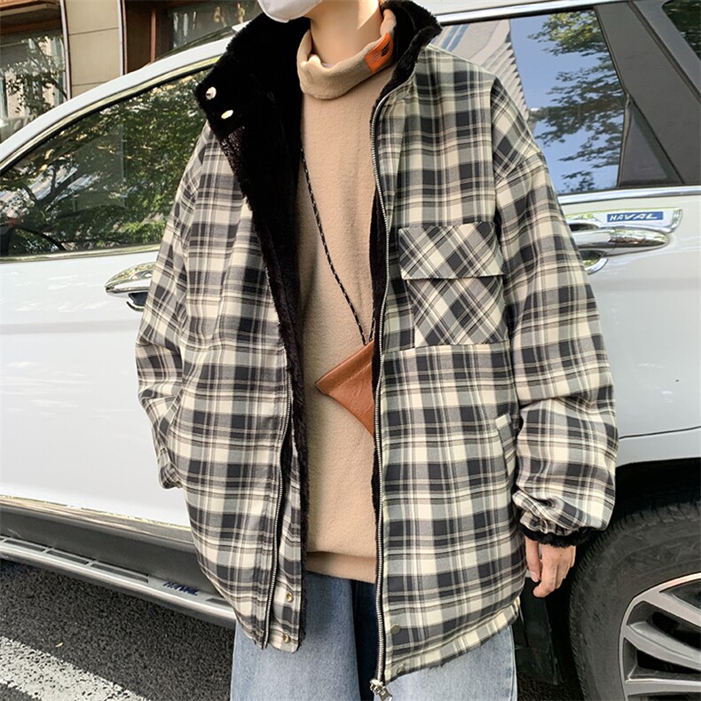 冬装加厚保暖两面穿外套男港风格子棉衣大码羊羔毛棉服MY56-P135图片
