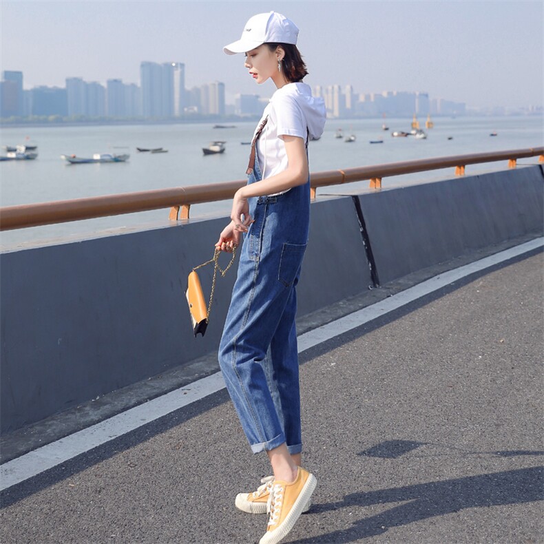 裤子2021年夏季常规九分裤口袋韩版背带,女装牛仔裤,秋水欣儿