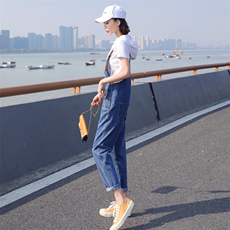 裤子2021年夏季常规九分裤口袋韩版背带，女装牛仔裤，秋水欣儿