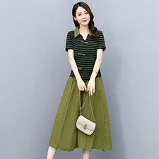 高端复古棉麻连衣裙女夏季2024新款休闲显瘦条纹亚麻套装裙两件套，女装套装/套裙，布芭啦