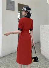 中式扣撞色连衣裙，女装连衣裙，迪蔓君翔