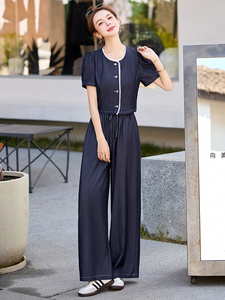 复古减龄天丝牛仔套装女2025夏季新款休闲短袖上衣阔腿长裤两件套图片