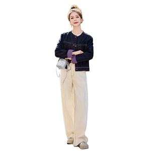 撞色拼接圆领牛仔外套女2025春秋新款复古深蓝色宽松短款夹克上衣图片