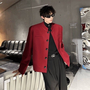 风秋男立领西装单排扣外套本命红新中式小香风西服JAK35 P60图片