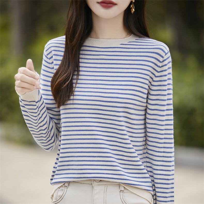 2025年秋季长袖常规款套头圆领通勤条纹时尚百搭针织纱，女装针织衫/毛衣，斯美雅电商供货