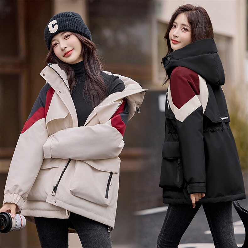 时尚撞色工装羽绒服女中长款2025冬季新款连帽收腰保暖白鸭绒外套，女装羽绒服，星宇服饰