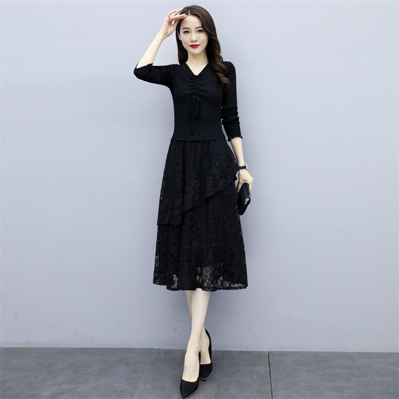 2025春季配大衣打底显瘦针织连衣裙女假两件黑色蕾丝内搭长袖裙子，女装连衣裙，安之芮娜