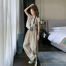 高级感炸街甜酷工装短袖套装女2025夏季新款时尚拖地阔腿裤两件套，女装套装/套裙，纯色衣恋