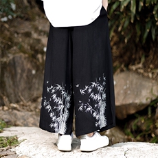 现货男士大码休闲裤风棉麻竹叶印花阔腿裤子K211-P60控78，男装休闲裤，电商A021