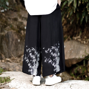 现货男士大码休闲裤风棉麻竹叶印花阔腿裤子K211-P60控78图片