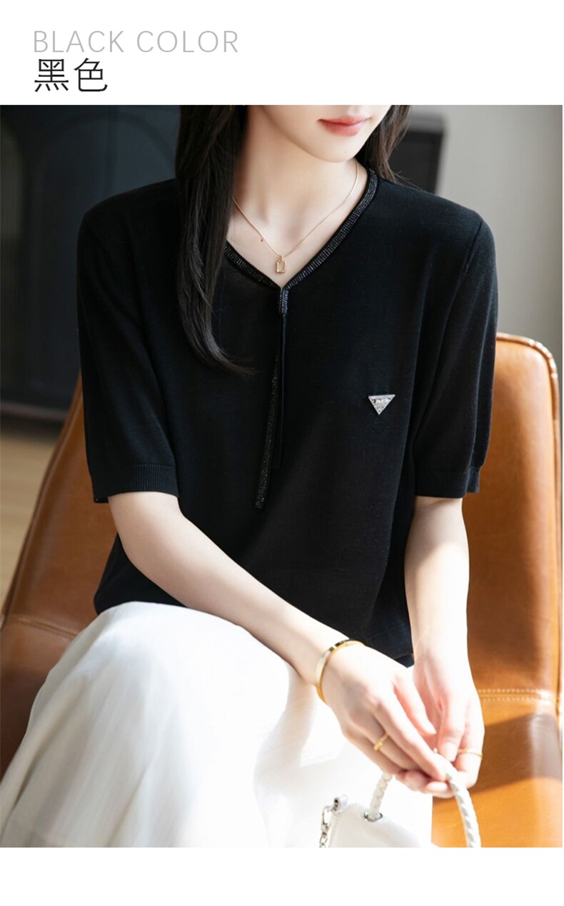 天丝莱赛尔烫钻飘带短袖,女装T恤,晨旭羊绒