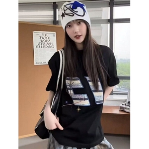 潮牌美式复古苹果小猫咪刺绣短袖t恤女纯棉宽松上衣 T295图片