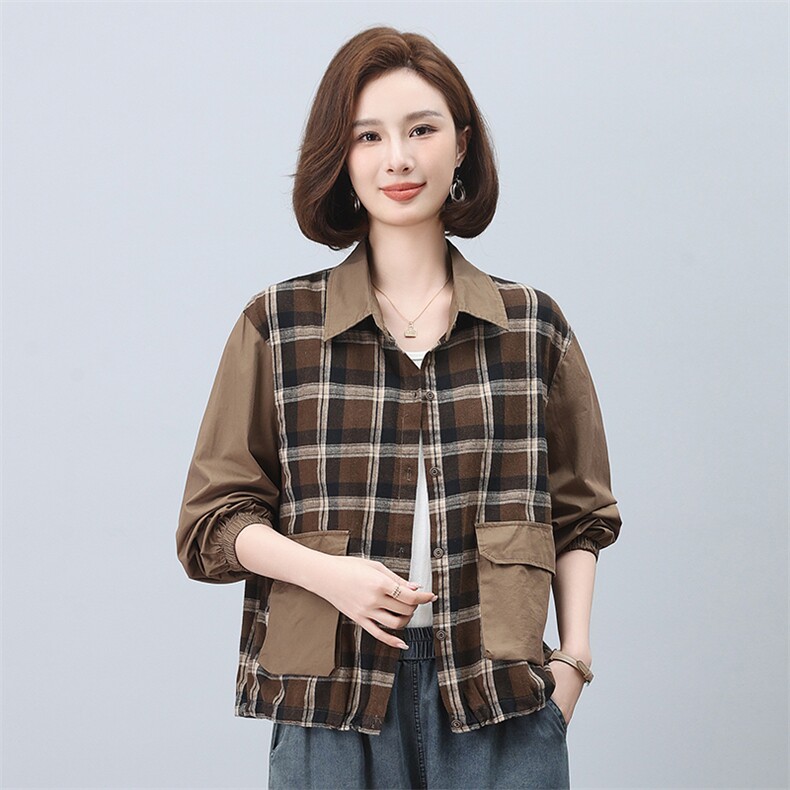 时尚格子拼接长袖衬衫女宽松显瘦百搭休闲上衣秋装新款韩版衬衣,女装衬衫,叶笙衣