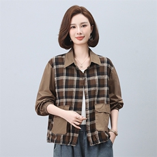 时尚格子拼接长袖衬衫女宽松显瘦百搭休闲上衣秋装新款韩版衬衣，女装衬衫，叶笙衣