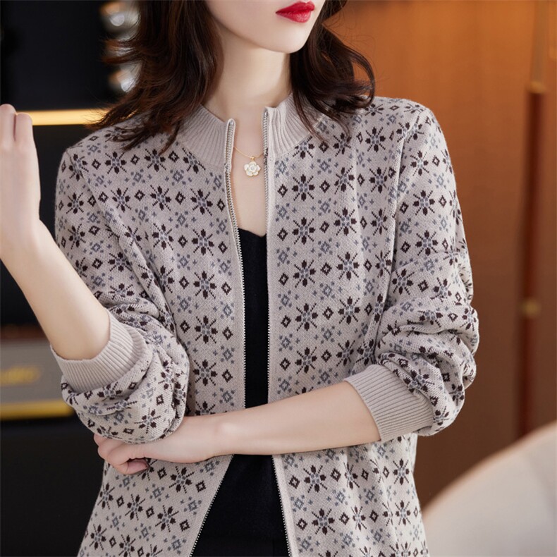 纯棉提花拉链开衫外套女秋冬时尚半高圆领毛衣全棉线立领外搭，女装针织衫/毛衣，阁惠羊绒