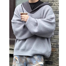 灰色连帽V领高级感毛衣男生外套原宿文艺新款慵懒流行ins潮流气质，男装针织衫/毛衣，星座601-1