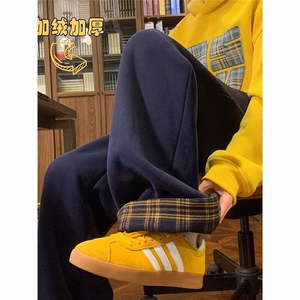 网图美式格子拼接毛呢裤子加绒卫裤宽松休闲长裤A025-XK18087-P45图片