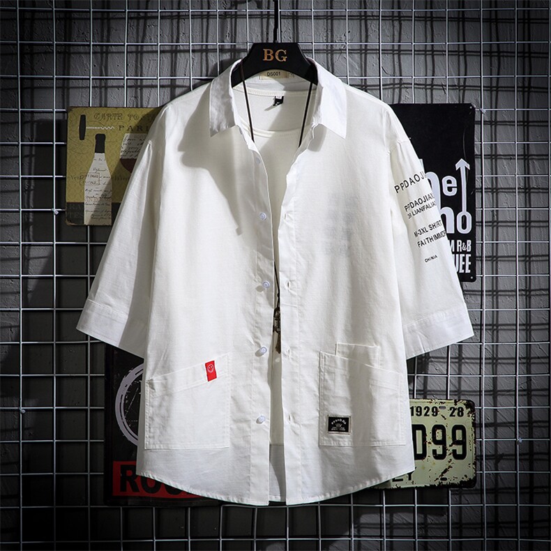 2021夏季新日系大码男网格挂拍宽松印花绣标七分袖衬衫C553-P40,男装衬衫,电商A001