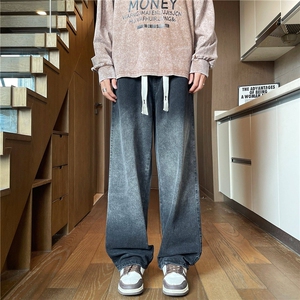主推港风渐变色街头宽松直筒休闲潮流X绳男女同款牛仔裤H038图片