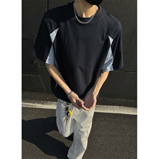 抖音得物高品质二开240克宽松纯棉美式高街拼接短袖T恤潮YQ38，男装T恤，电商A486-1