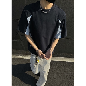 抖音得物高品质二开240克宽松纯棉美式高街拼接短袖T恤潮YQ38图片