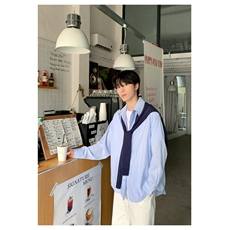 韩版条纹翻领带披肩衬衣长袖男春季宽松学院风衬衫情侣，男装衬衫，星座506A