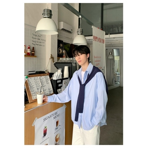 韩版条纹翻领带披肩衬衣长袖男春季宽松学院风衬衫情侣图片