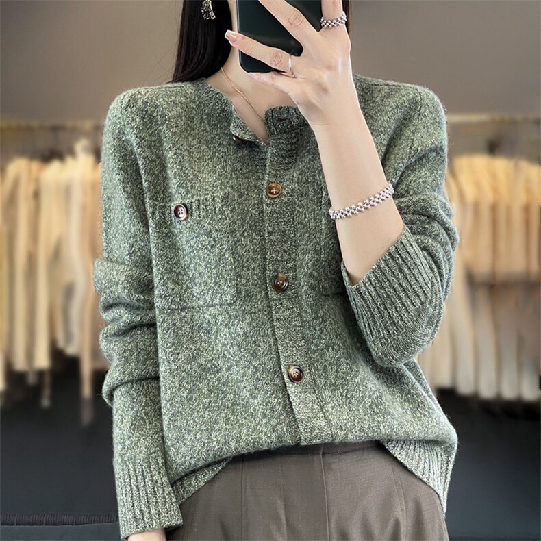 秋冬女厚款毛衣圆领花式纱开衫上衣外套羊毛针织宽松毛衫实用款,女装羊毛衫,臻维羊绒