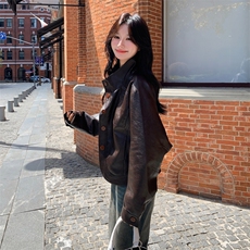 复古美式皮衣外套2025秋季新款女设计感小众宽松休闲百搭夹克上衣，女装短外套，2C170